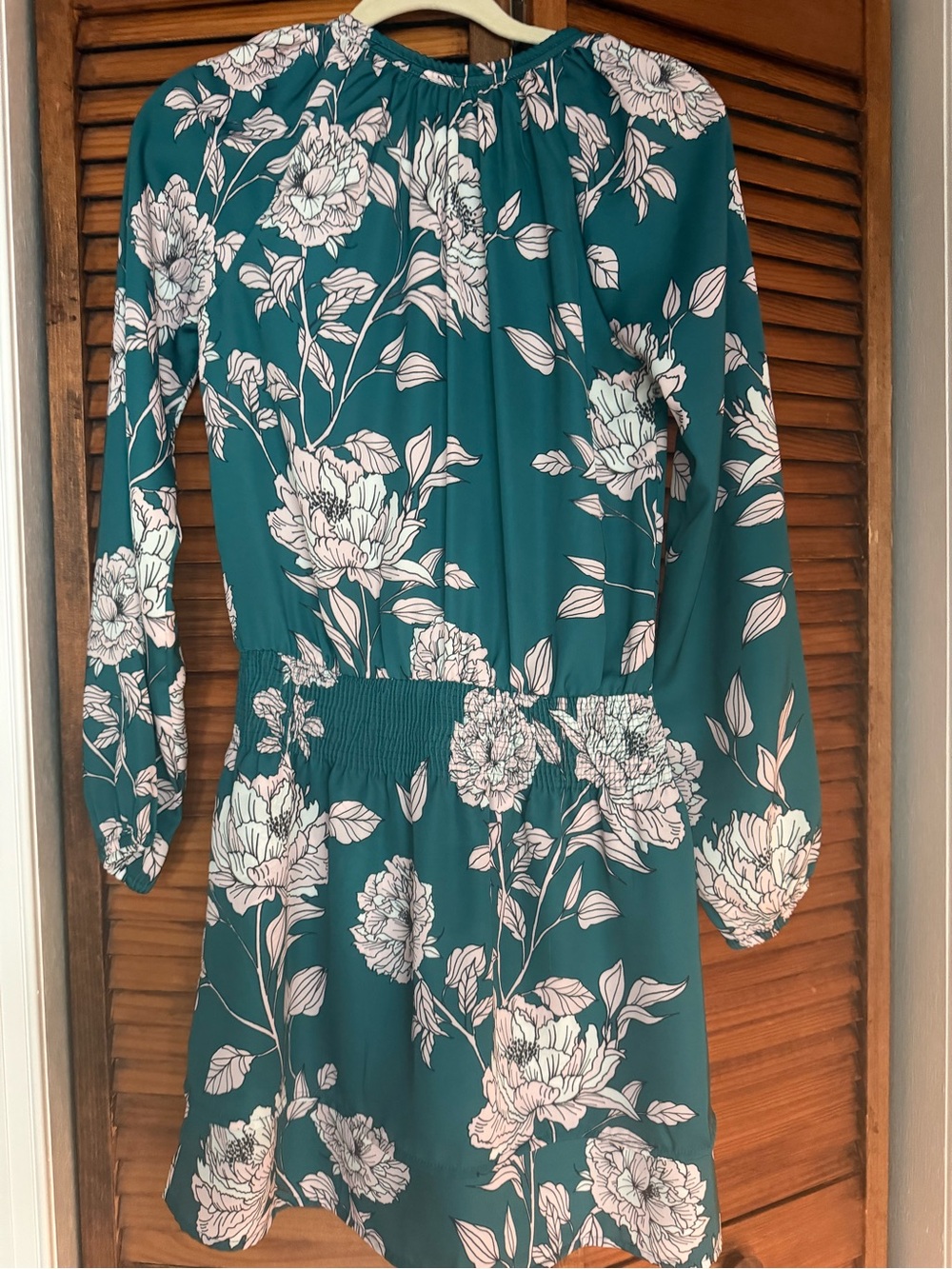Boston Proper Teal Floral Long-Sleeve Smocked-Waist Dress